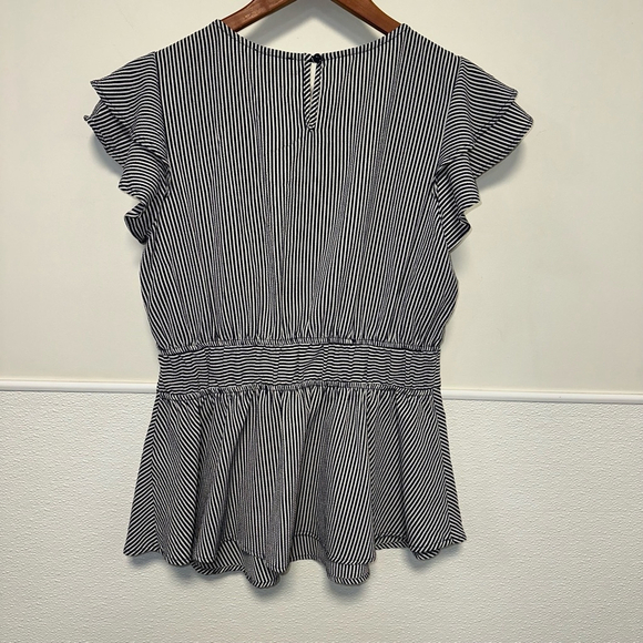 Women's Monteau Los Angeles blouse, Size L, Navy and White Stripes ruffles - Picture 2 of 8